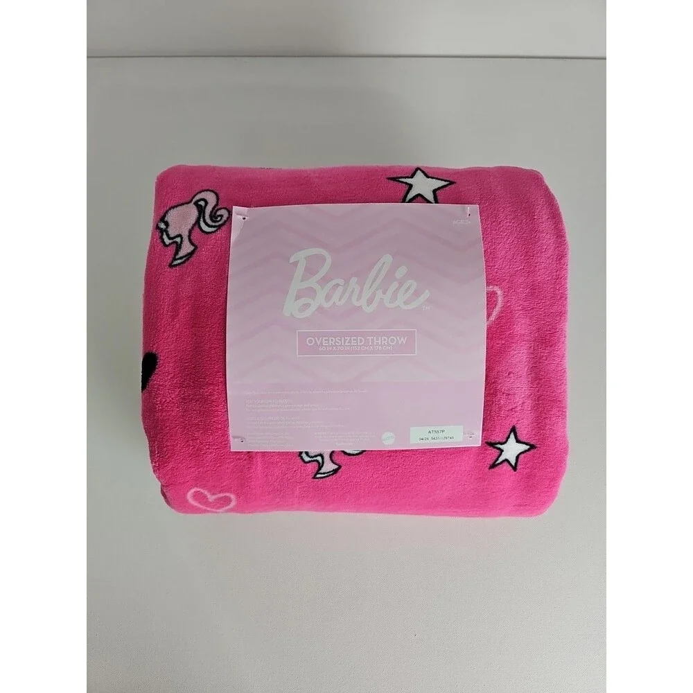 Barbie Oversized Pink Throw Blanket 60x70 Logo Hearts Stars Cozy Plush